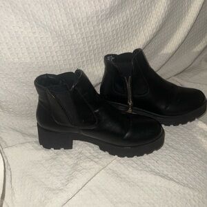 Black Chunky Sole Ankle Boots with Side Zipper